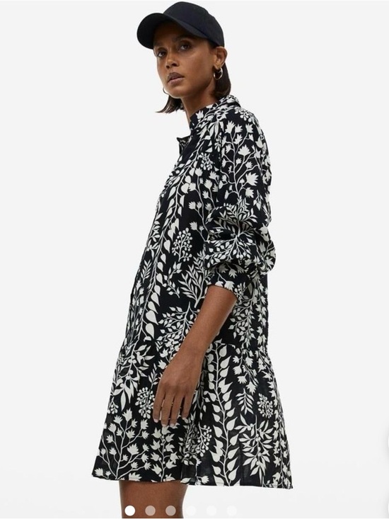 H&M Dresses & Skirts - NWT H&M XL cotton black-white floral button long sleeve midi A-Line ruffle dress